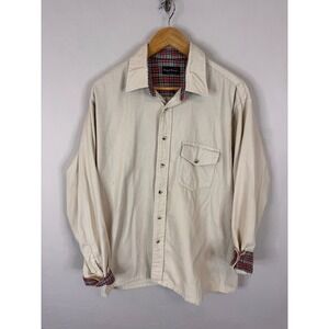 Royal Knight Mens Corduroy Button Down Shirt XL Cream Plaid Lined Cuffs USA Made